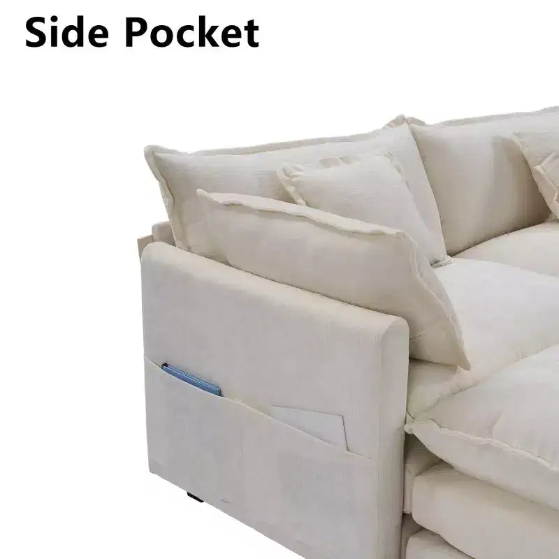 Canapé modulable 3 places Chenille - convertible avec pouf et poches latérales