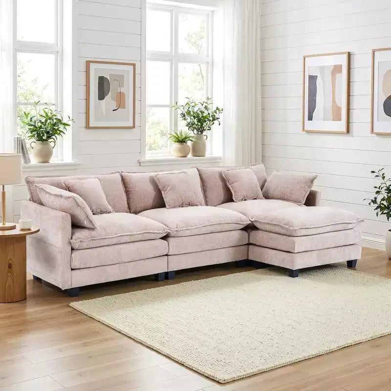 Canapé modulable 3 places Chenille - convertible avec pouf et poches latérales