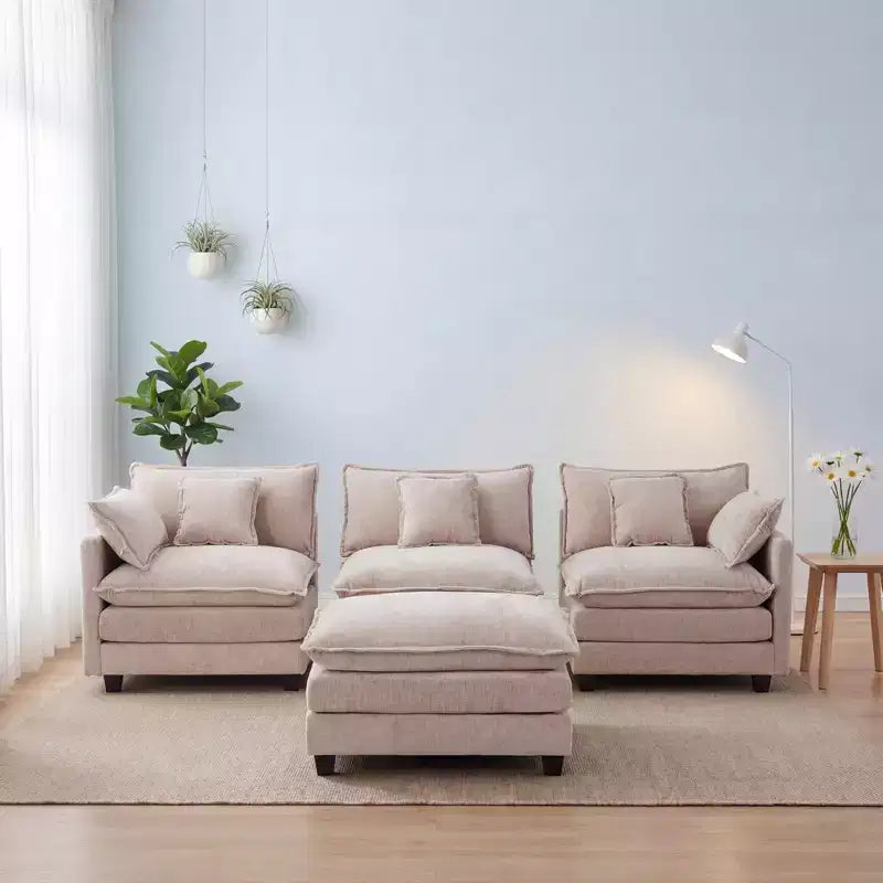 Canapé modulable 3 places Chenille - convertible avec pouf et poches latérales