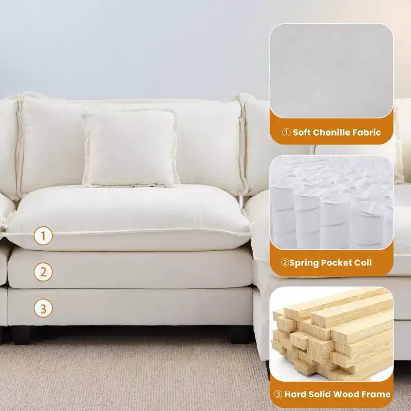 Canapé modulable 3 places Chenille - convertible avec pouf et poches latérales
