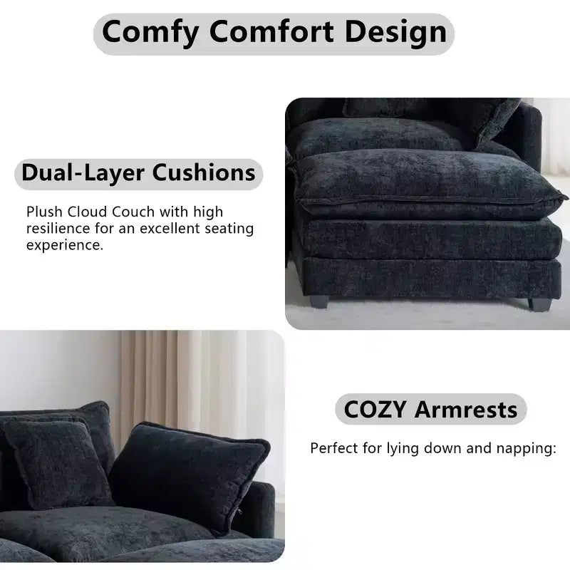 Canapé modulable 3 places Chenille - convertible avec pouf et poches latérales