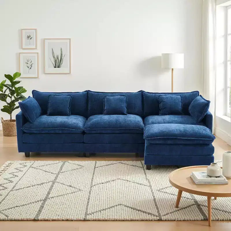 Canapé modulable 3 places Chenille - convertible avec pouf et poches latérales