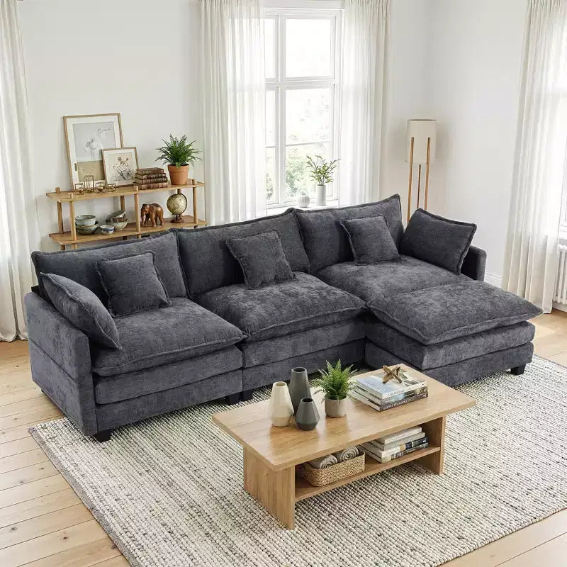 Canapé modulable 3 places Chenille - convertible avec pouf et poches latérales
