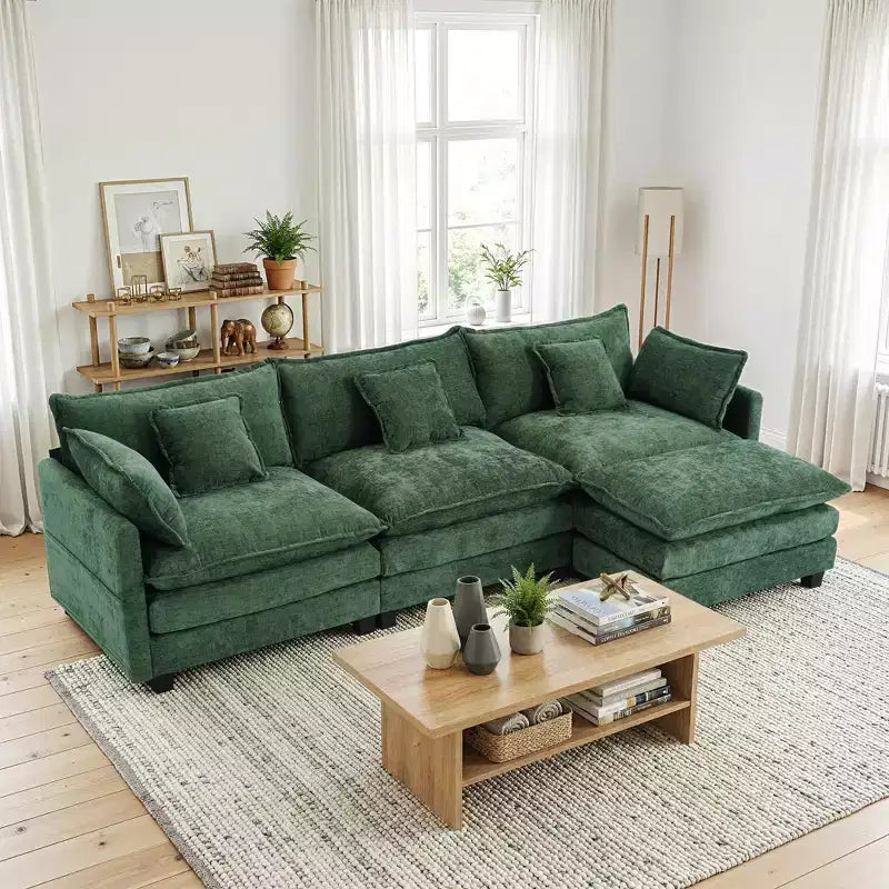 Canapé modulable 3 places Chenille - convertible avec pouf et poches latérales