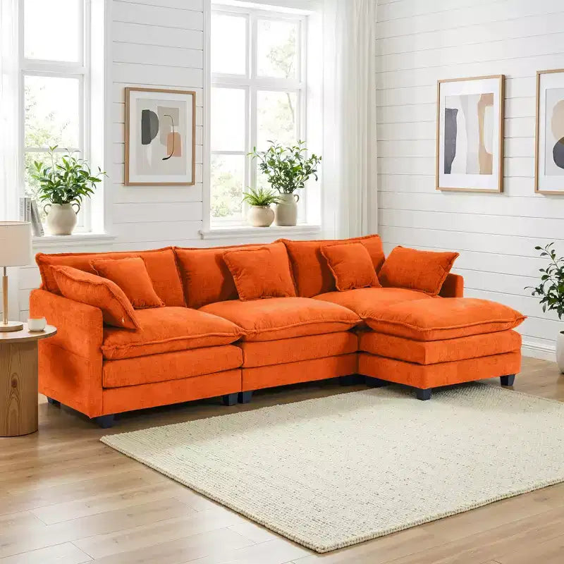 Canapé modulable 3 places Chenille - convertible avec pouf et poches latérales