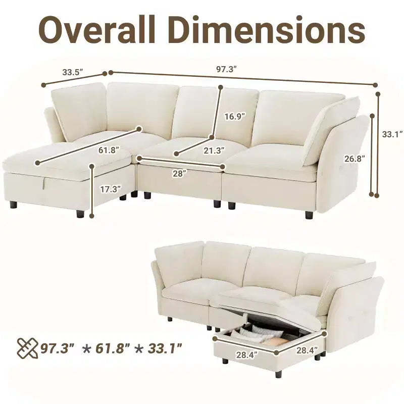 Canapé sectionnel modulaire 97 po, canapé modulaire en L avec rangement, canapé nuage confortable 4 places avec pouf mobile, assise profonde, canapés sectionnels modernes