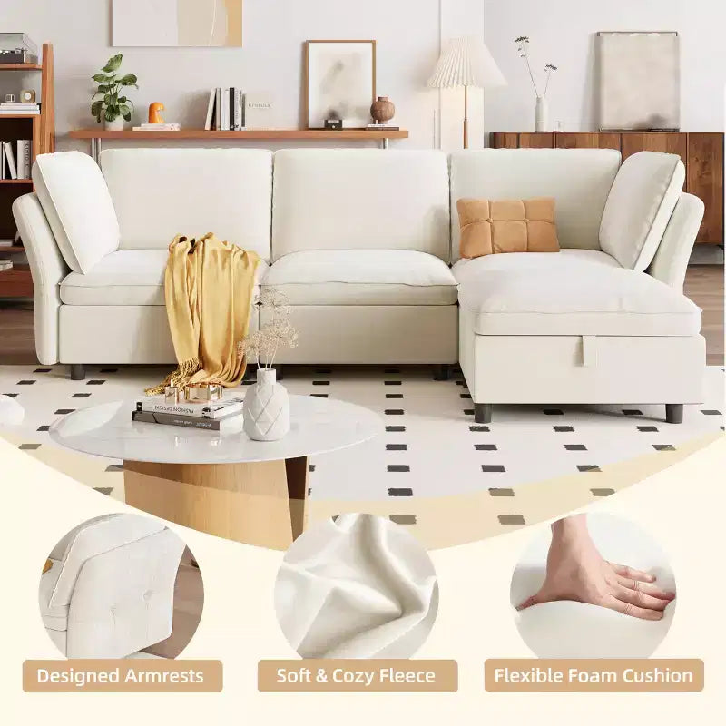 Canapé sectionnel modulaire 97 po, canapé modulaire en L avec rangement, canapé nuage confortable 4 places avec pouf mobile, assise profonde, canapés sectionnels modernes
