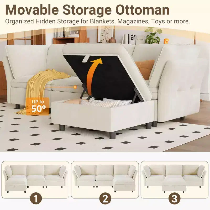 Canapé sectionnel modulaire 97 po, canapé modulaire en L avec rangement, canapé nuage confortable 4 places avec pouf mobile, assise profonde, canapés sectionnels modernes