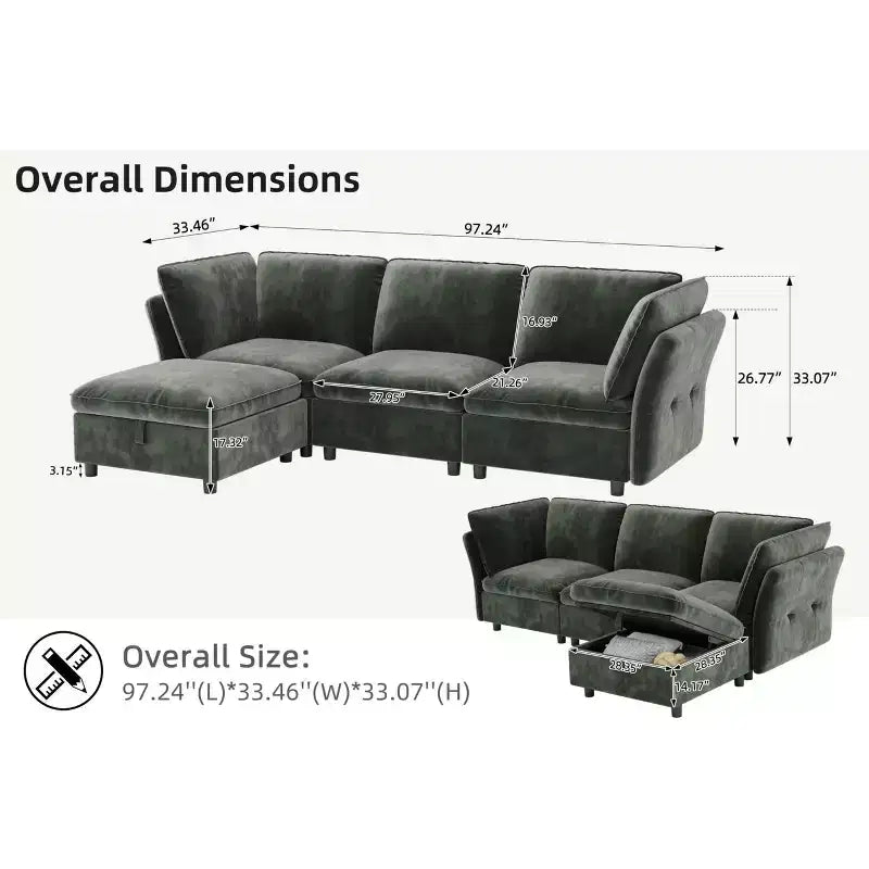 Canapé sectionnel modulaire 97 po, canapé modulaire en L avec rangement, canapé nuage confortable 4 places avec pouf mobile, assise profonde, canapés sectionnels modernes