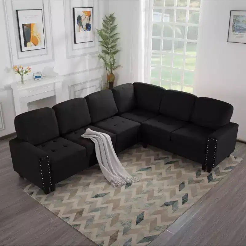 MAYEERTY Canapé sectionnel réversible en L de 107,9 po – Coussins touffetés, garniture cloutée, 2 couleurs