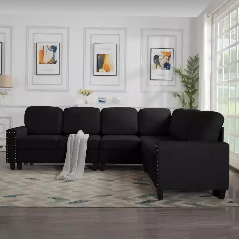 MAYEERTY Canapé sectionnel réversible en L de 107,9 po – Coussins touffetés, garniture cloutée, 2 couleurs