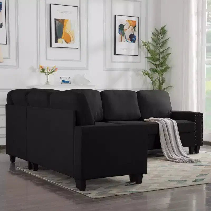 MAYEERTY Canapé sectionnel réversible en L de 107,9 po – Coussins touffetés, garniture cloutée, 2 couleurs