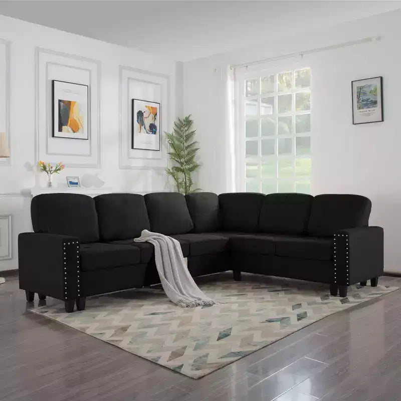 MAYEERTY Canapé sectionnel réversible en L de 107,9 po – Coussins touffetés, garniture cloutée, 2 couleurs