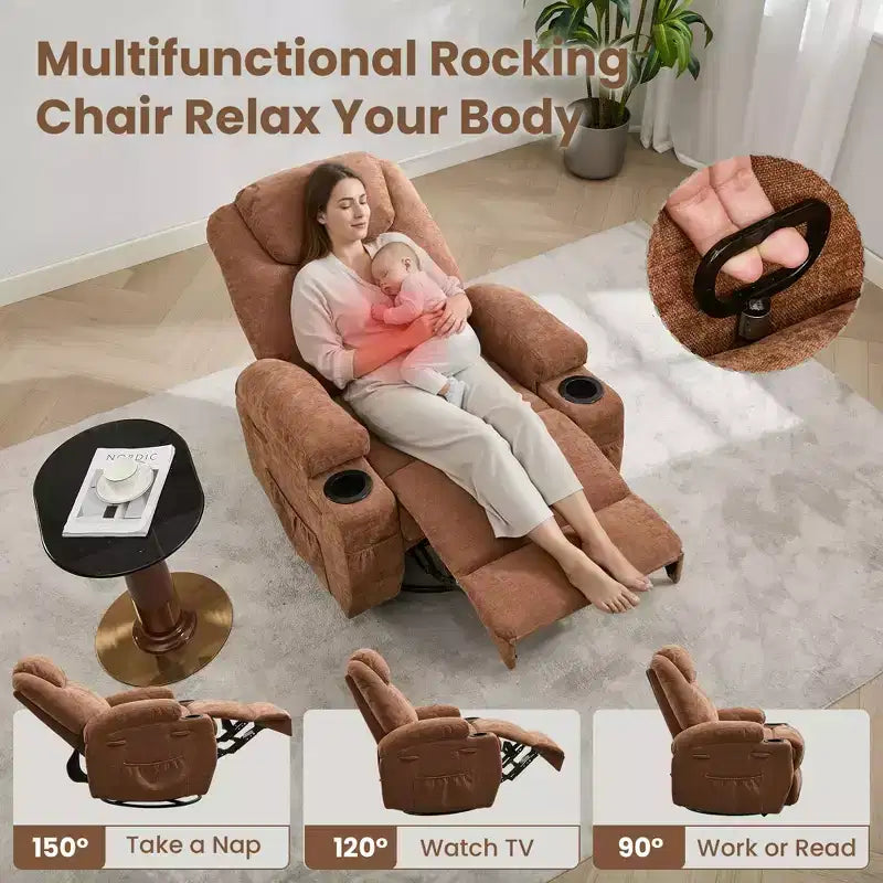 Fauteuil inclinable, fauteuil inclinable à bascule pivotant à 360° pour adultes avec massage et chaleur, fauteuils à bascule électriques