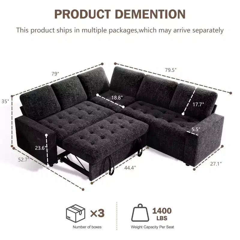 Canapé modulable en forme de L à 5 places Dyonery avec lit gigogne, ports USB, dossier réglable et rangement, assemblage sans outils