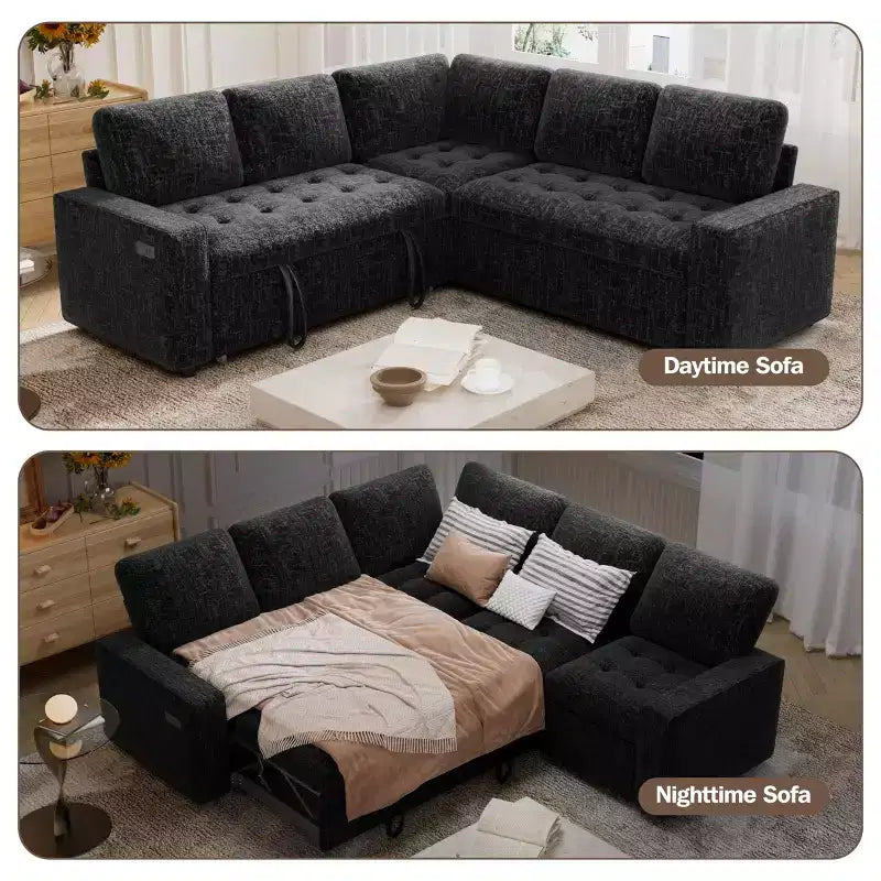 Canapé modulable en forme de L à 5 places Dyonery avec lit gigogne, ports USB, dossier réglable et rangement, assemblage sans outils
