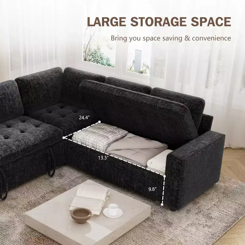 Canapé modulable en forme de L à 5 places Dyonery avec lit gigogne, ports USB, dossier réglable et rangement, assemblage sans outils