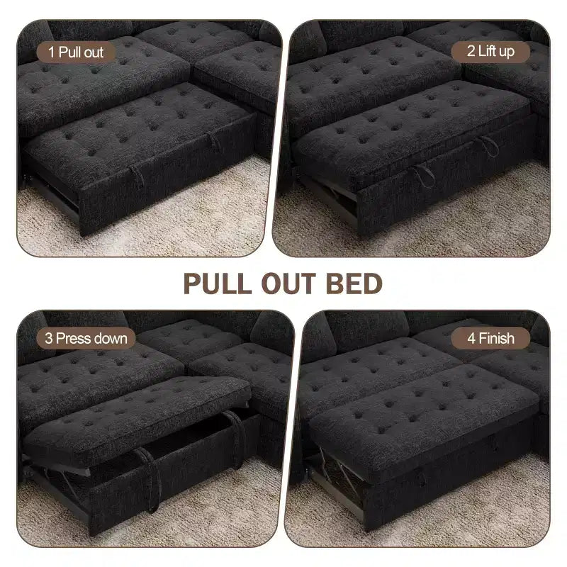 Canapé modulable en forme de L à 5 places Dyonery avec lit gigogne, ports USB, dossier réglable et rangement, assemblage sans outils