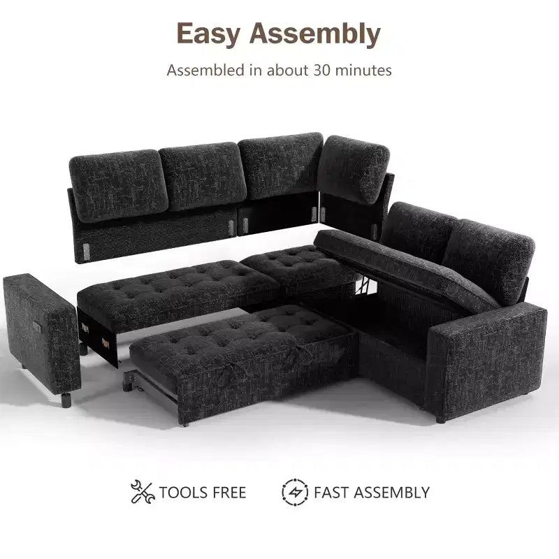 Canapé modulable en forme de L à 5 places Dyonery avec lit gigogne, ports USB, dossier réglable et rangement, assemblage sans outils