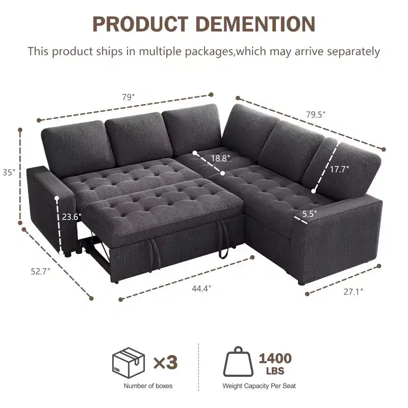 Canapé modulable en forme de L à 5 places Dyonery avec lit gigogne, ports USB, dossier réglable et rangement, assemblage sans outils