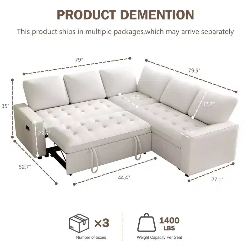 Canapé modulable en forme de L à 5 places Dyonery avec lit gigogne, ports USB, dossier réglable et rangement, assemblage sans outils