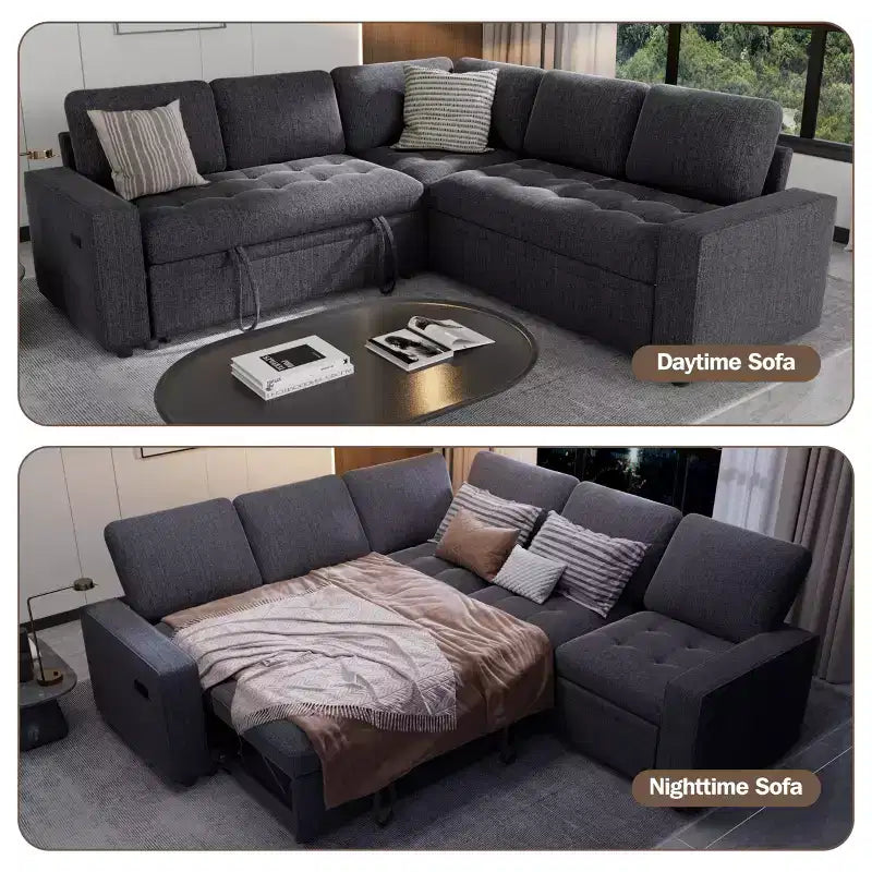 Canapé modulable en forme de L à 5 places Dyonery avec lit gigogne, ports USB, dossier réglable et rangement, assemblage sans outils