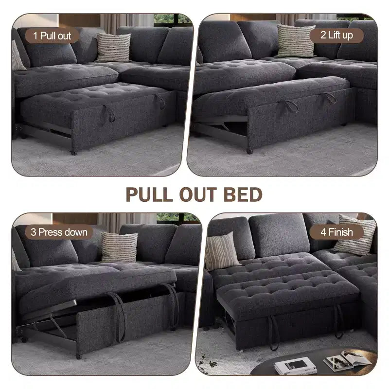 Canapé modulable en forme de L à 5 places Dyonery avec lit gigogne, ports USB, dossier réglable et rangement, assemblage sans outils