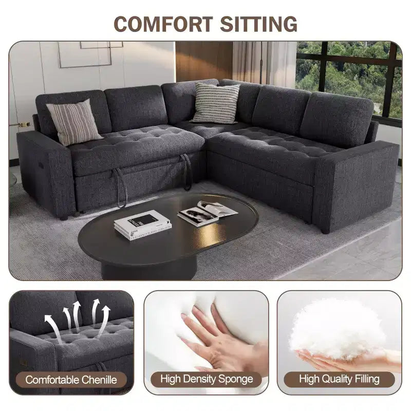 Canapé modulable en forme de L à 5 places Dyonery avec lit gigogne, ports USB, dossier réglable et rangement, assemblage sans outils