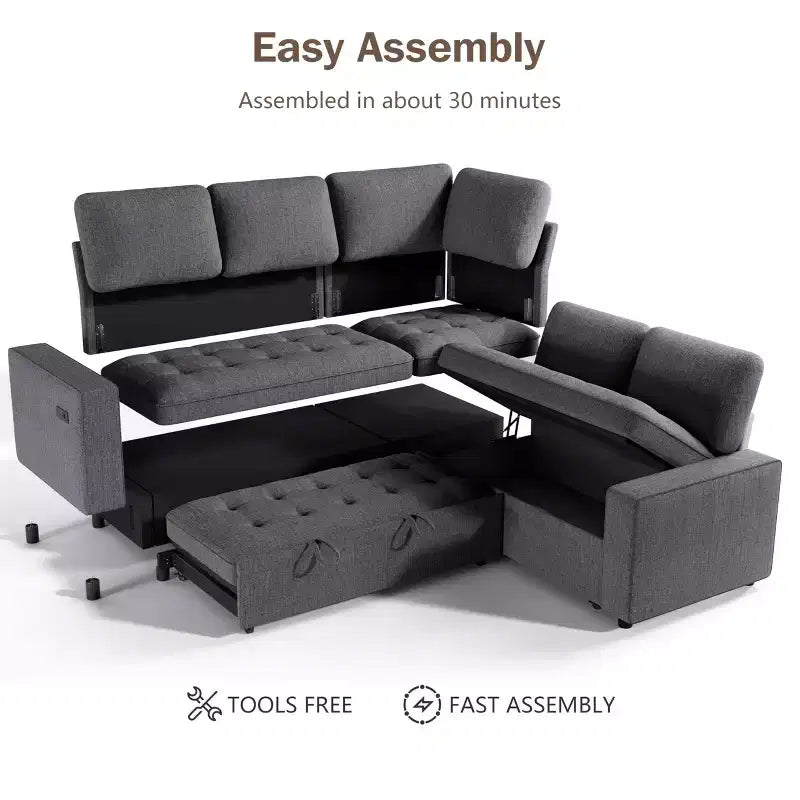 Canapé modulable en forme de L à 5 places Dyonery avec lit gigogne, ports USB, dossier réglable et rangement, assemblage sans outils