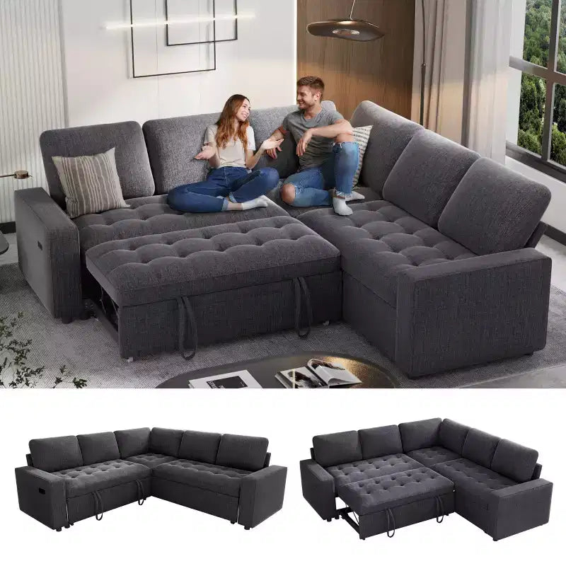 Canapé modulable en forme de L à 5 places Dyonery avec lit gigogne, ports USB, dossier réglable et rangement, assemblage sans outils