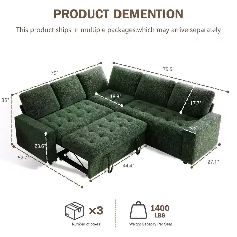 Canapé modulable en forme de L à 5 places Dyonery avec lit gigogne, ports USB, dossier réglable et rangement, assemblage sans outils