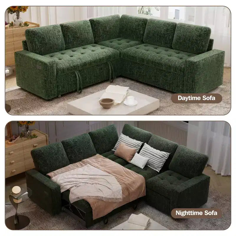 Canapé modulable en forme de L à 5 places Dyonery avec lit gigogne, ports USB, dossier réglable et rangement, assemblage sans outils