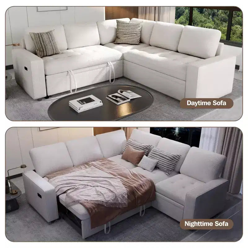 Canapé modulable en forme de L à 5 places Dyonery avec lit gigogne, ports USB, dossier réglable et rangement, assemblage sans outils