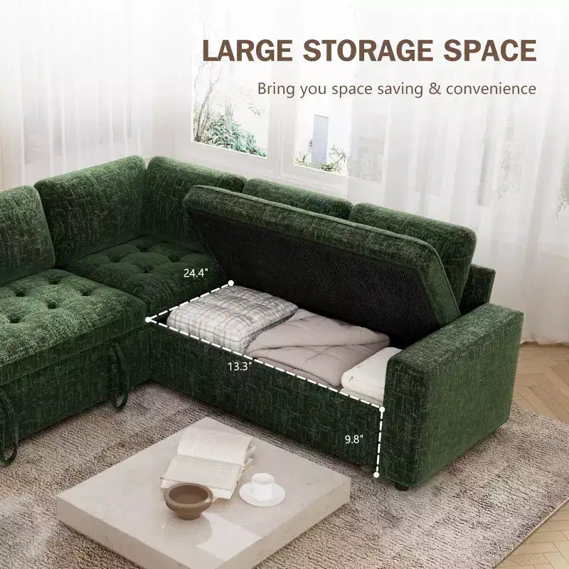 Canapé modulable en forme de L à 5 places Dyonery avec lit gigogne, ports USB, dossier réglable et rangement, assemblage sans outils
