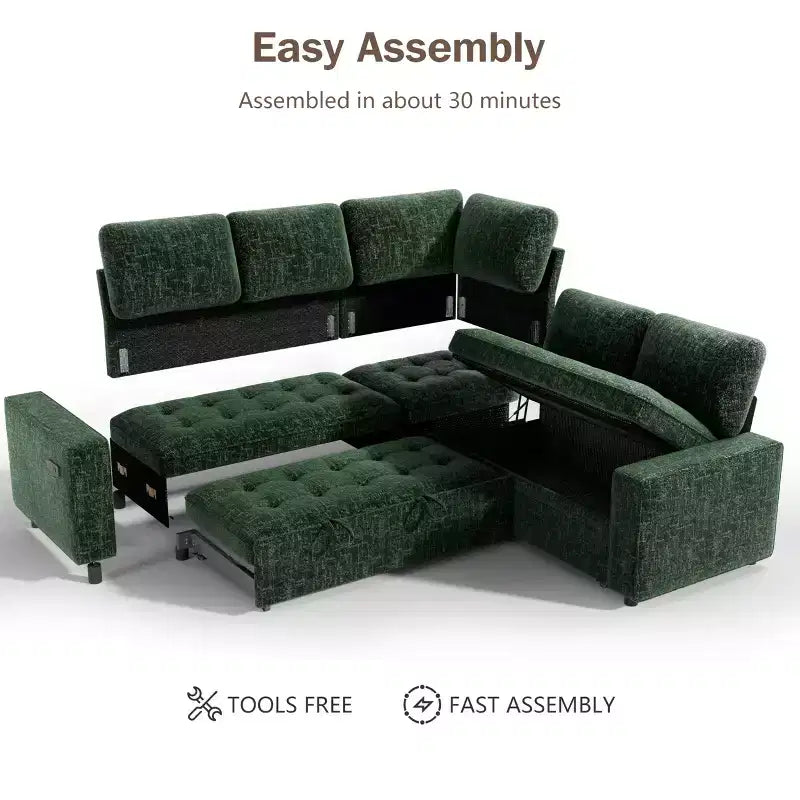 Canapé modulable en forme de L à 5 places Dyonery avec lit gigogne, ports USB, dossier réglable et rangement, assemblage sans outils