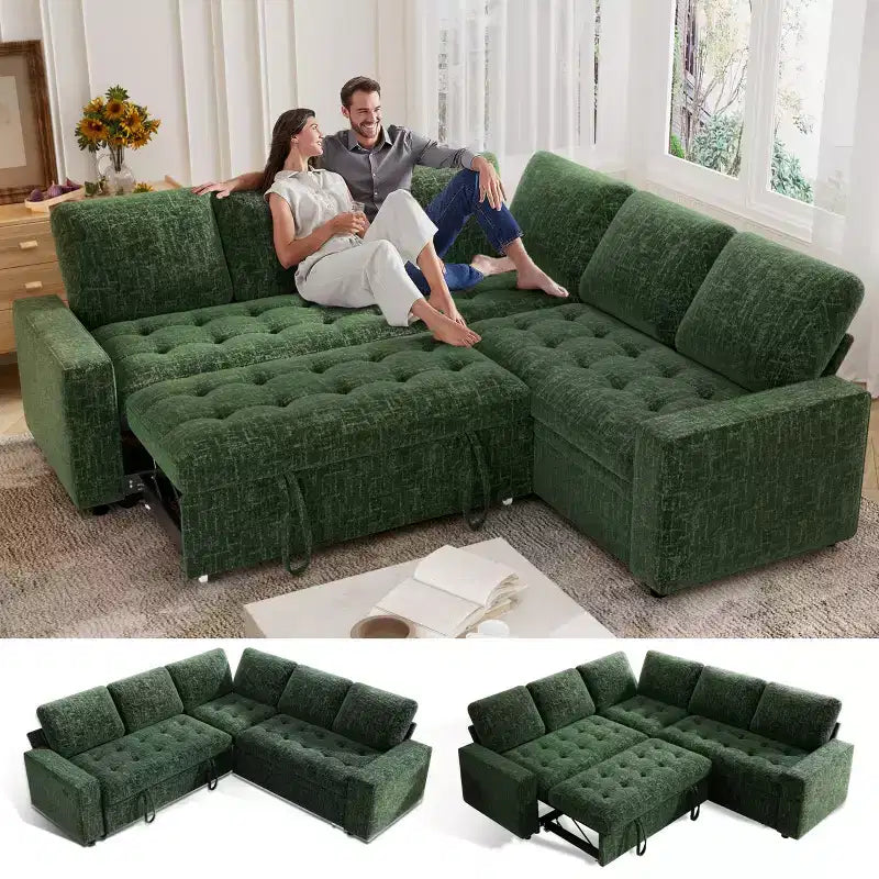 Canapé modulable en forme de L à 5 places Dyonery avec lit gigogne, ports USB, dossier réglable et rangement, assemblage sans outils