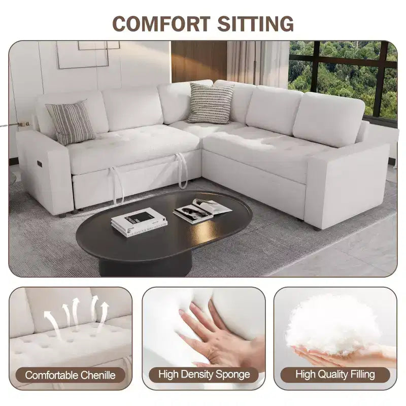 Canapé modulable en forme de L à 5 places Dyonery avec lit gigogne, ports USB, dossier réglable et rangement, assemblage sans outils