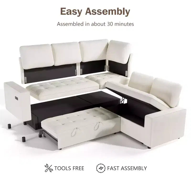 Canapé modulable en forme de L à 5 places Dyonery avec lit gigogne, ports USB, dossier réglable et rangement, assemblage sans outils