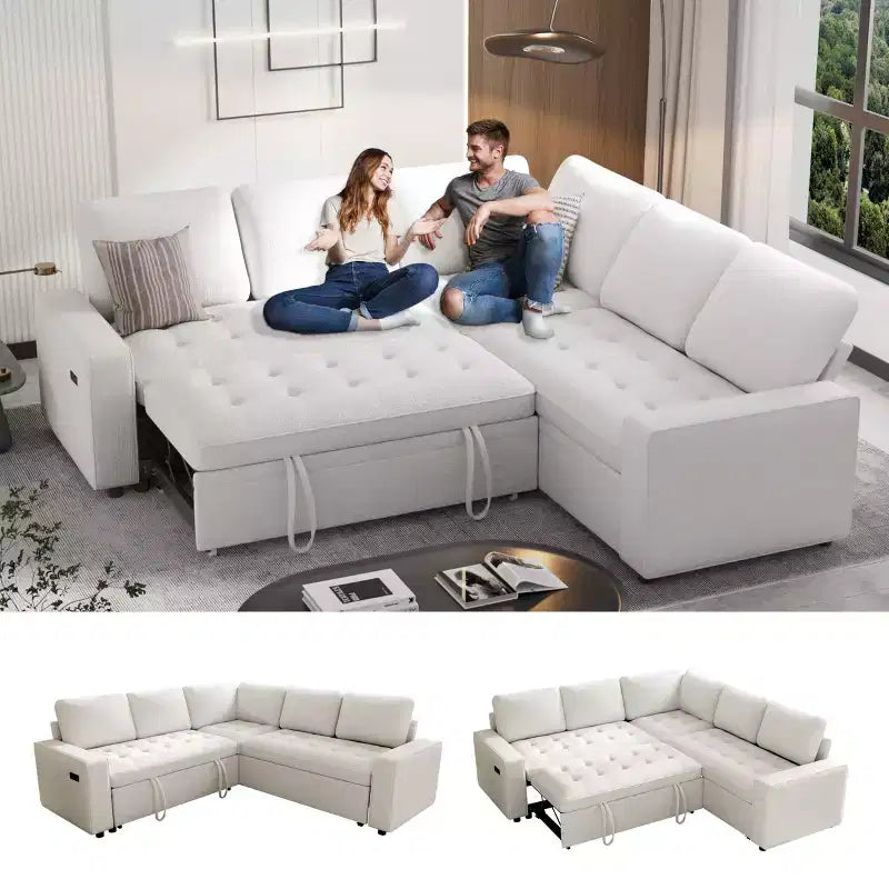Canapé modulable en forme de L à 5 places Dyonery avec lit gigogne, ports USB, dossier réglable et rangement, assemblage sans outils