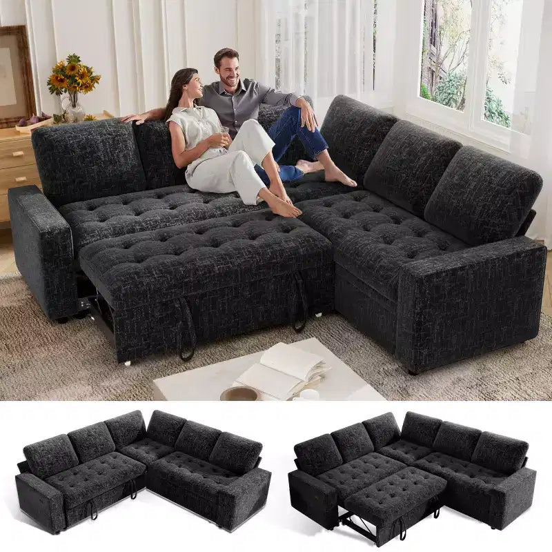 Canapé modulable en forme de L à 5 places Dyonery avec lit gigogne, ports USB, dossier réglable et rangement, assemblage sans outils