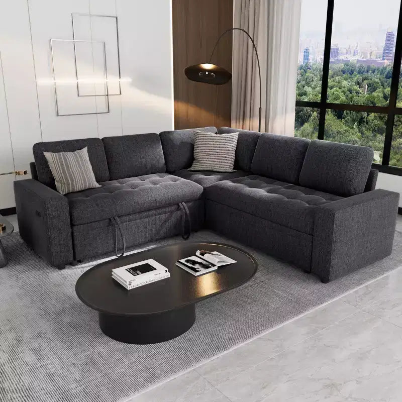 Canapé modulable en forme de L à 5 places Dyonery avec lit gigogne, ports USB, dossier réglable et rangement, assemblage sans outils