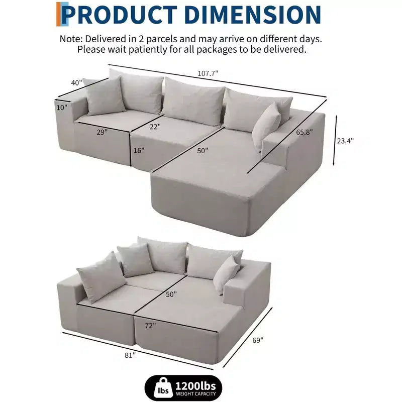Canapé modulable 108" avec méridienne en L, canapé modulaire moderne avec assise profonde, grand canapé convertible, aucun assemblage requis, côté gauche