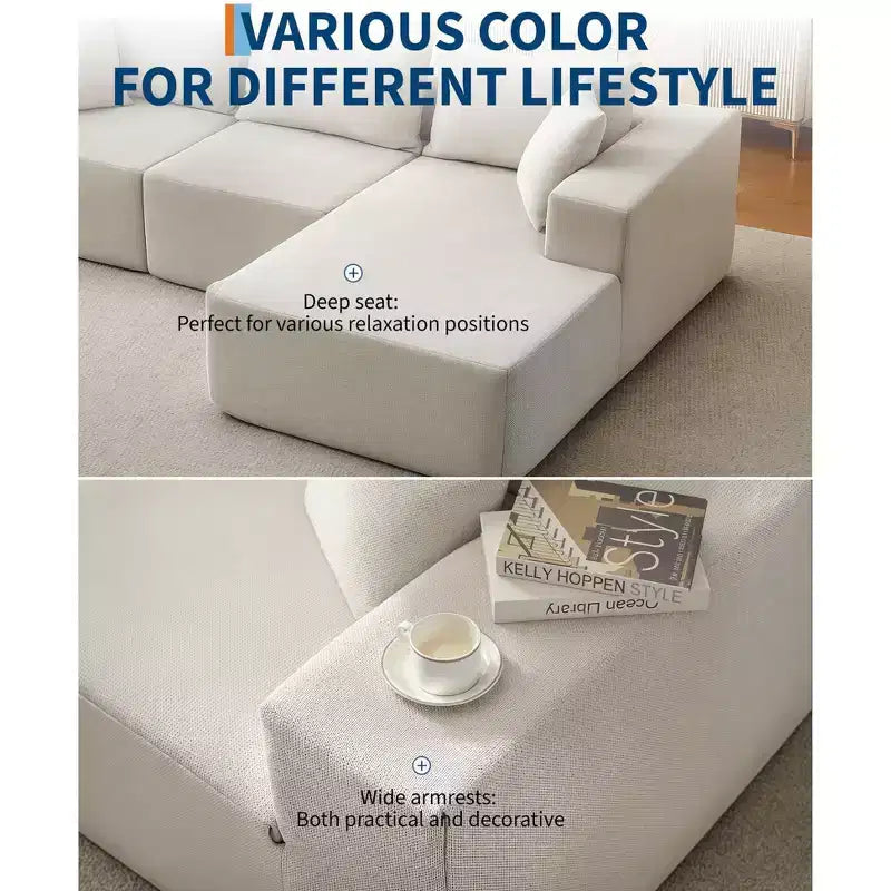 Canapé modulable 108" avec méridienne en L, canapé modulaire moderne avec assise profonde, grand canapé convertible, aucun assemblage requis, côté gauche