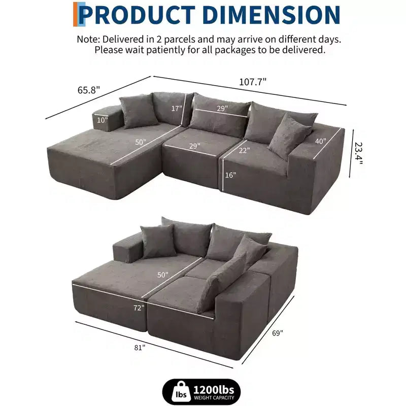 Canapé modulable 108" avec méridienne en L, canapé modulaire moderne avec assise profonde, grand canapé convertible, aucun assemblage requis, côté gauche