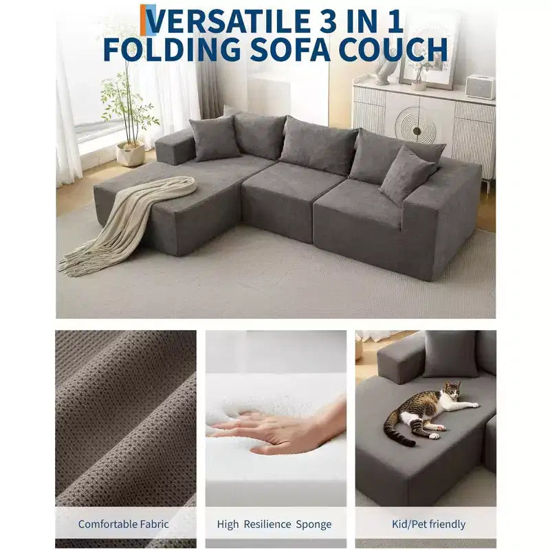 Canapé modulable 108" avec méridienne en L, canapé modulaire moderne avec assise profonde, grand canapé convertible, aucun assemblage requis, côté gauche
