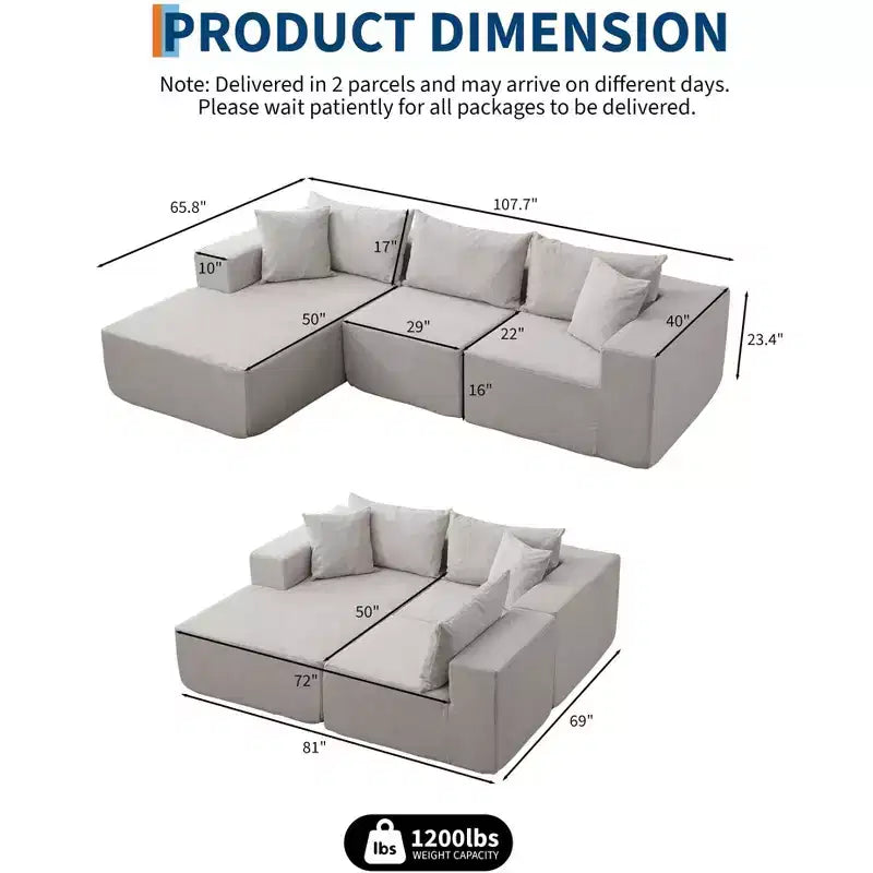 Canapé modulable 108" avec méridienne en L, canapé modulaire moderne avec assise profonde, grand canapé convertible, aucun assemblage requis, côté gauche