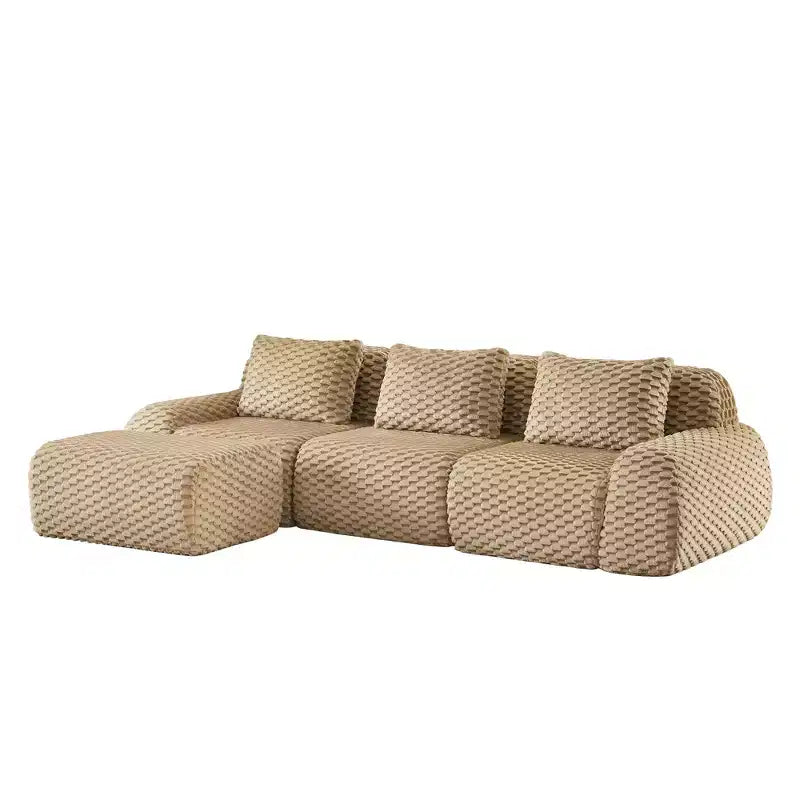 Canapé modulable en forme de L en flanelle 3 places, pouf à boucle, aucun assemblage requis, couleur camel clair