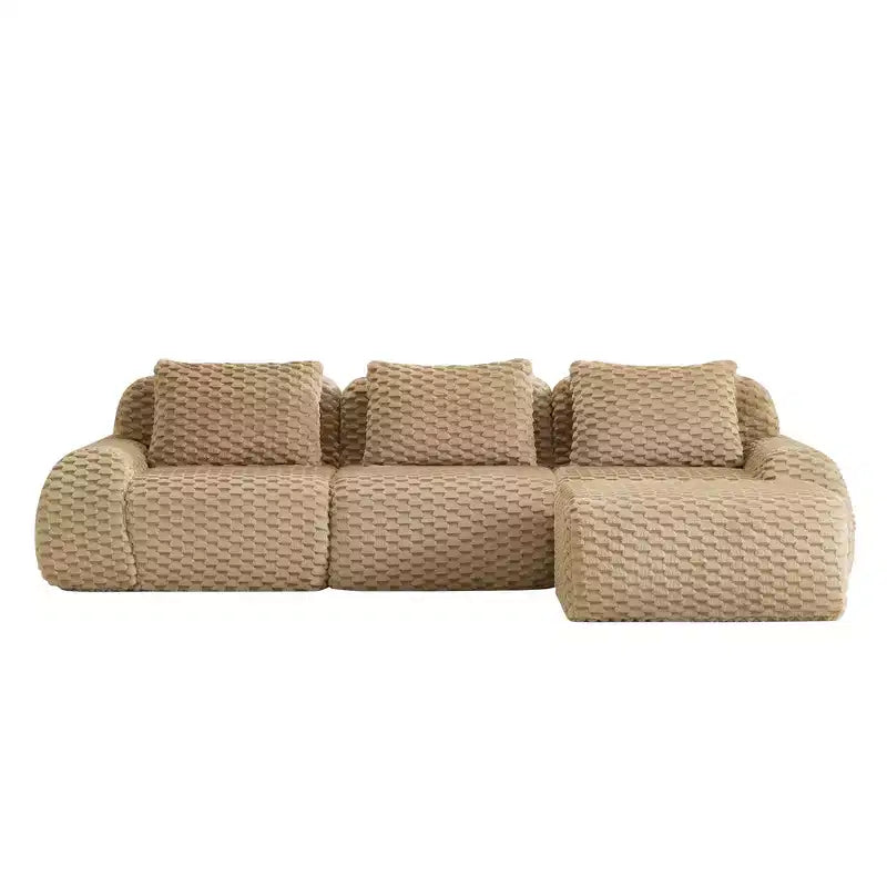 Canapé modulable en forme de L en flanelle 3 places, pouf à boucle, aucun assemblage requis, couleur camel clair
