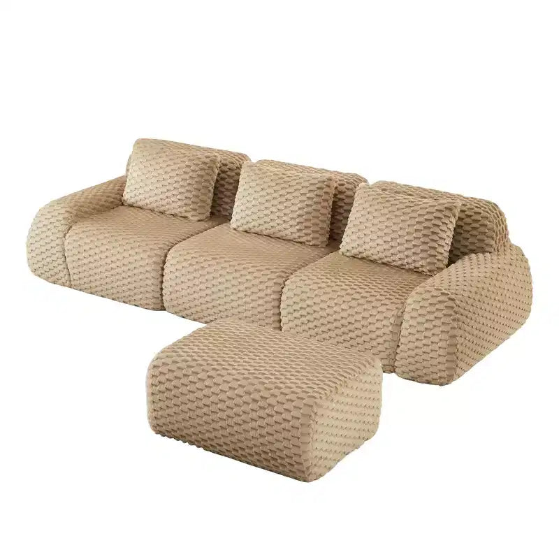 Canapé modulable en forme de L en flanelle 3 places, pouf à boucle, aucun assemblage requis, couleur camel clair