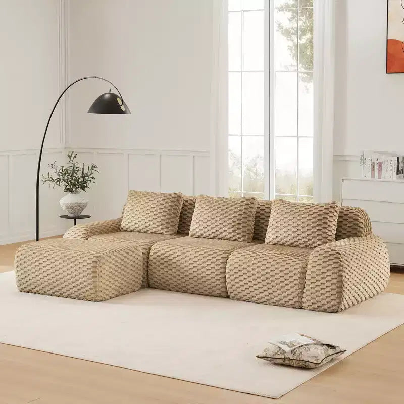 Canapé modulable en forme de L en flanelle 3 places, pouf à boucle, aucun assemblage requis, couleur camel clair